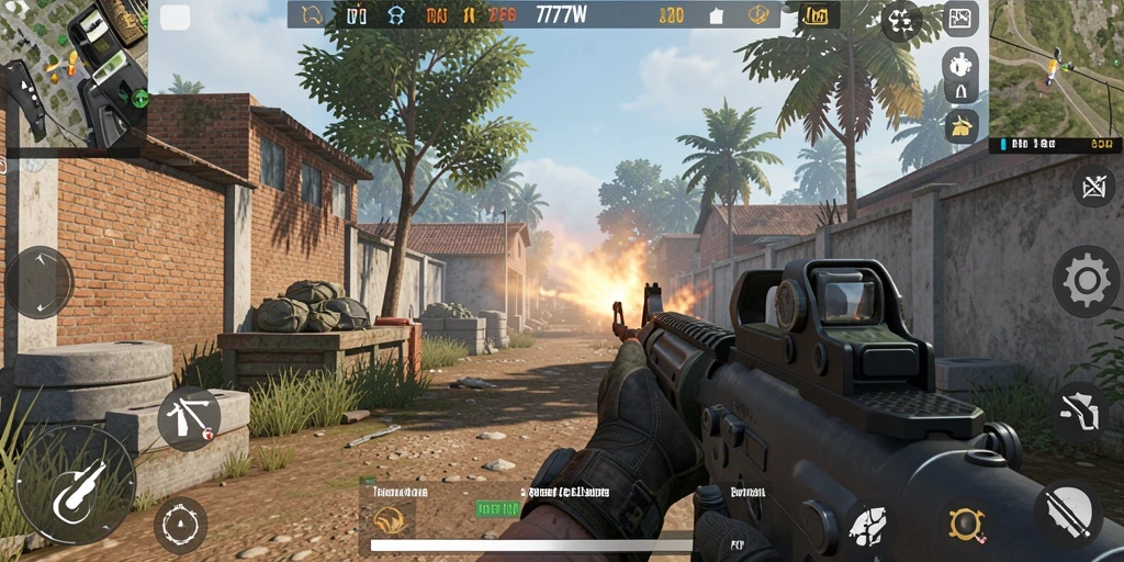 Screenshot menampilkan aksi intens gameplay FPS di 7777W.