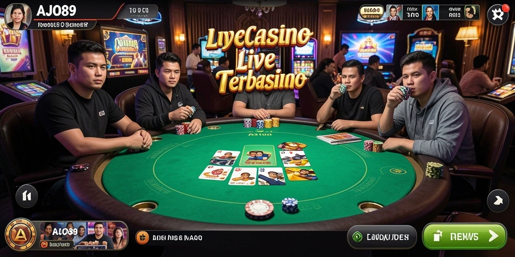 Screenshot gameplay AJO89 menampilkan dealer profesional dan suasana kasino yang hidup.