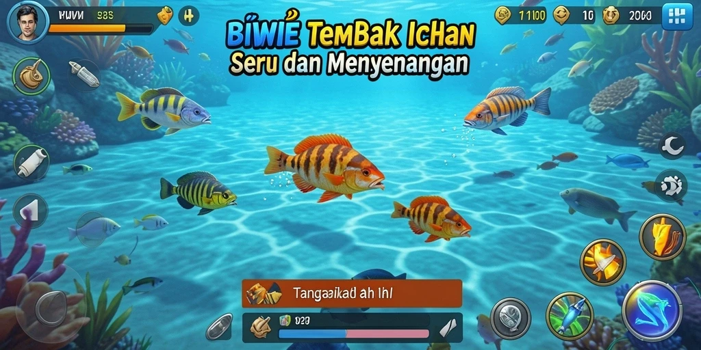 Tampilan gameplay seru di BIWIN dengan ikan berwarna-warni.