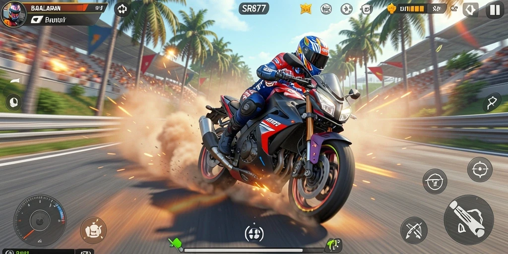 Tampilan gameplay menegangkan dalam balapan motor di SR877.
